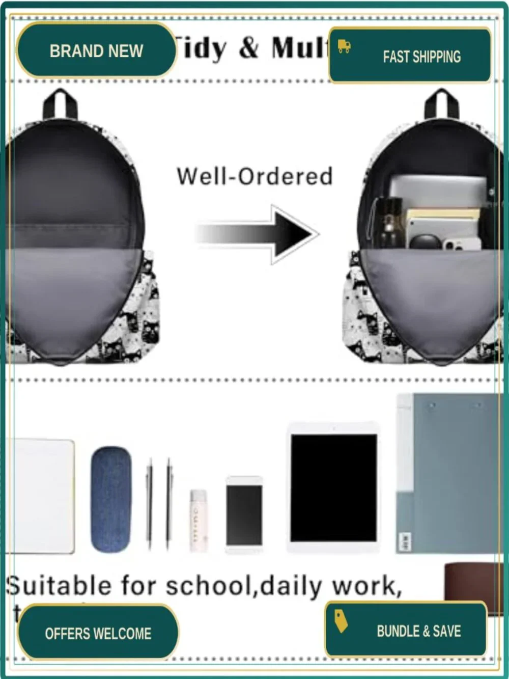 17 Inch Cat Laptop Backpack for School Travel Hiking - Polyester Daypack